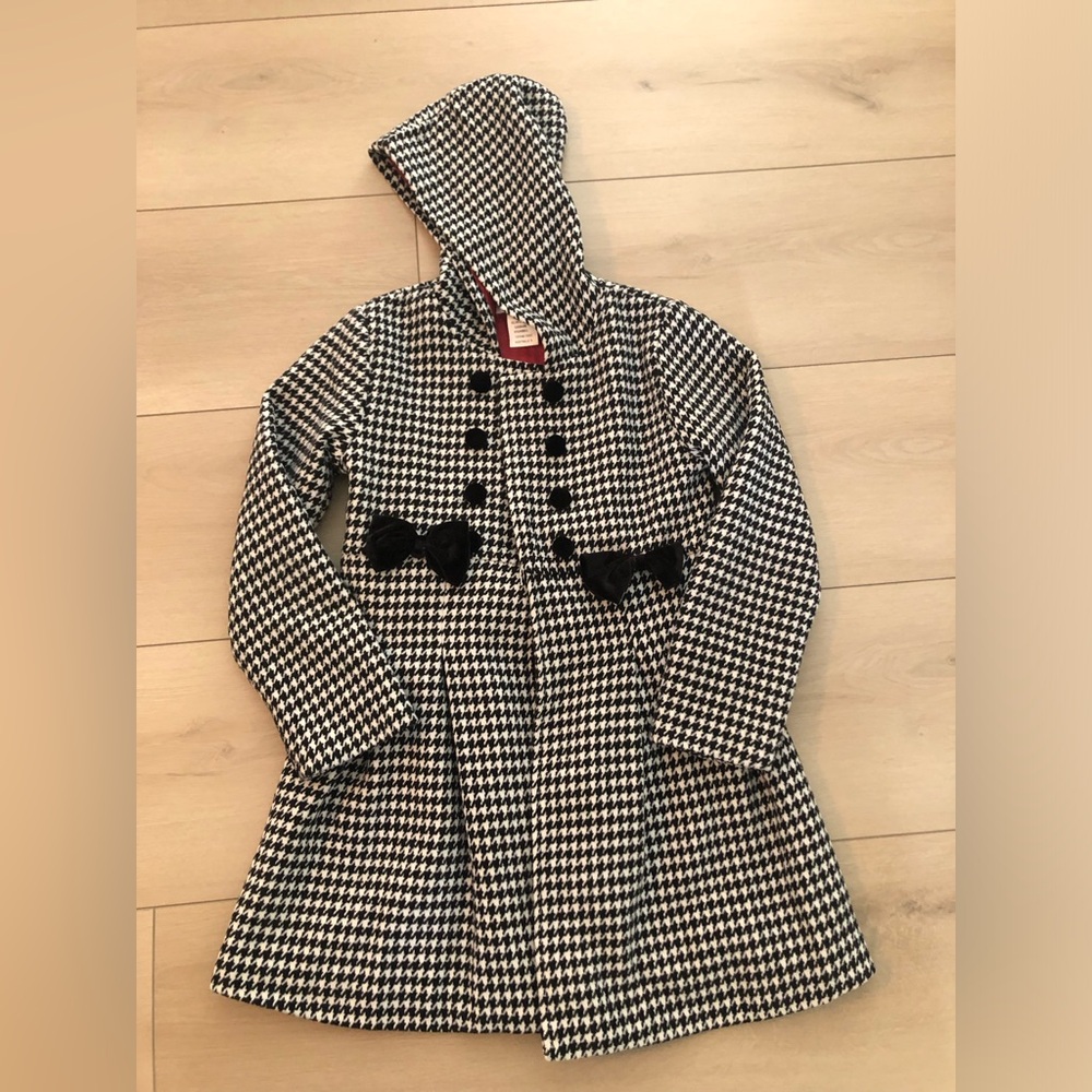 Girls Black & White Houndstooth Hooded Coat with Bow Detail Joe and Ella